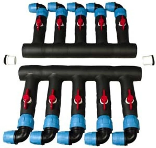 PVC Compression Manifold - Angle Header - 1-1/4" PVC Inlet X (5) 3/4" PE Outlets 3 PVC Compression Manifold - Angle Header - 1-1/4" PVC Inlet X (5) 3/4" PE Outlets